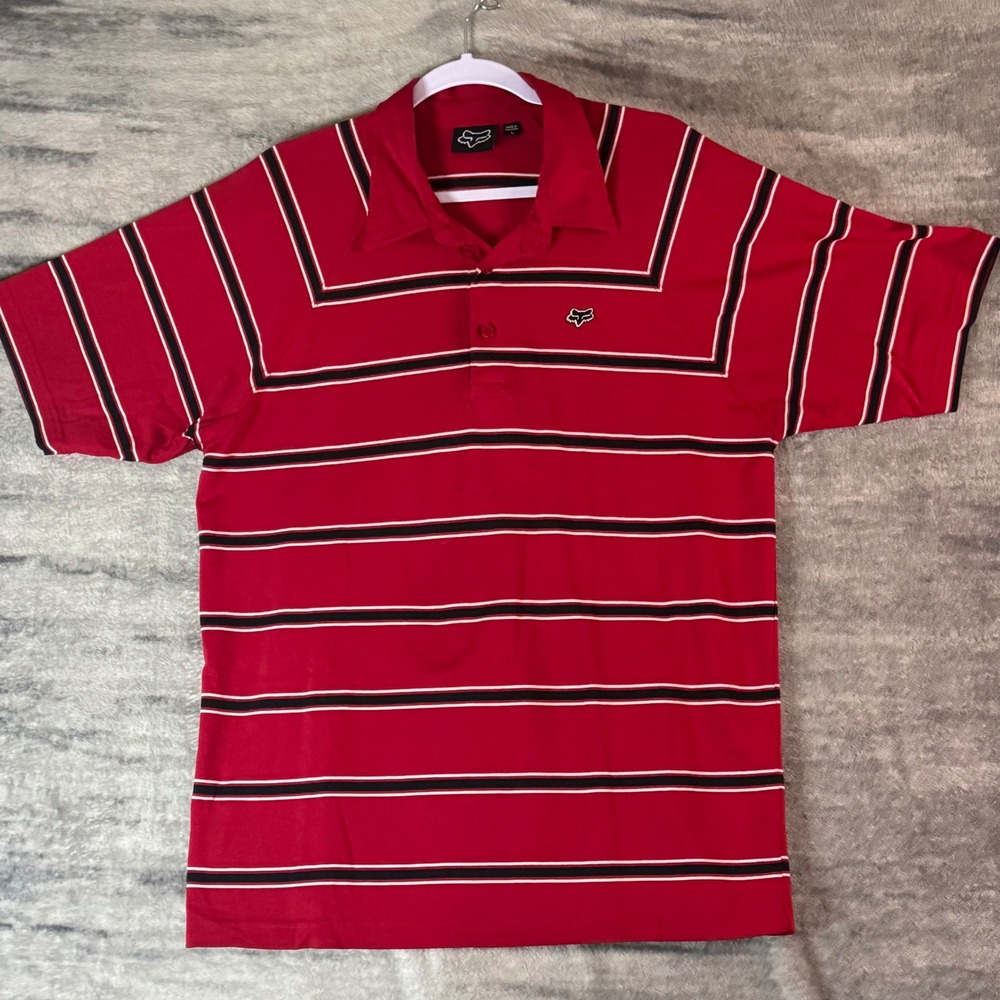 Fox Racing Mens Large Red Striped Short Sleeve Cotton Polo Shirt BJA07